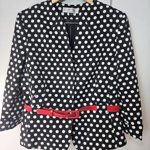 Tahari Arthur S. Levine Polka Dot Blazer Jacket with Red Patent Belt, Size 14